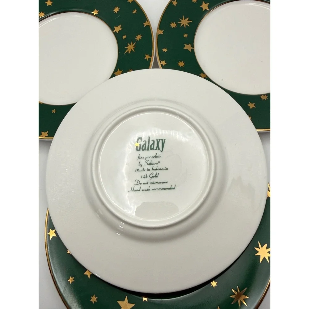 Vtg Sakura Galaxy Fine Porcelain Bowls Set of 4 Green 14k Gold‎ Stars Celestial